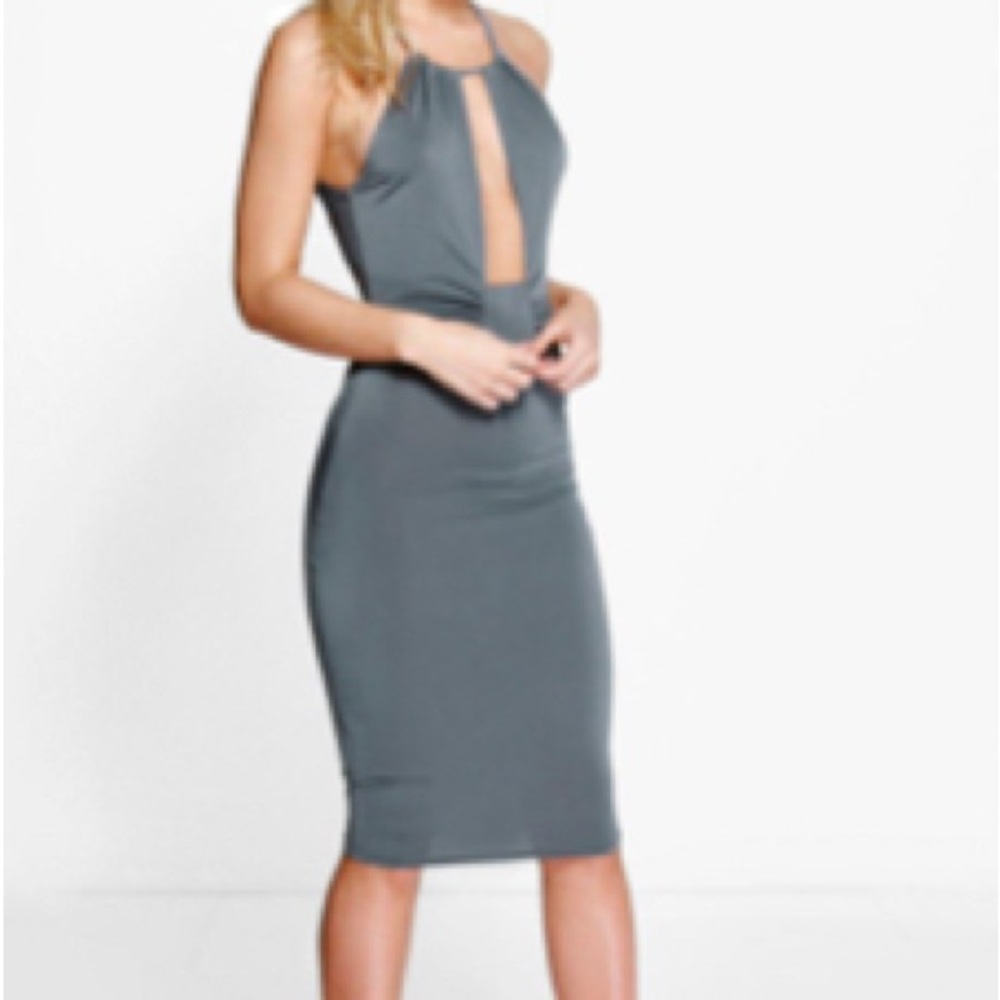 Elegant Gray Plunging Key Hole Sleeveless Dress